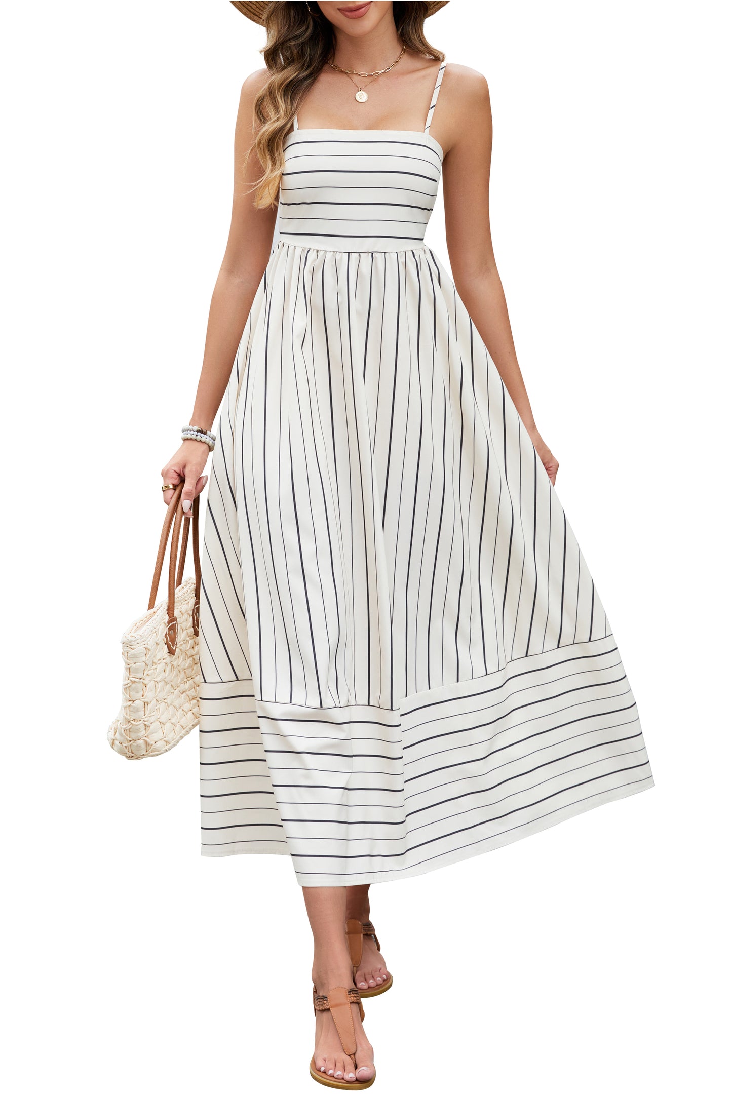 HVEOO Women's Summer Striped Spaghetti Strap Maxi Dress Boho Smocked Beach Sundress