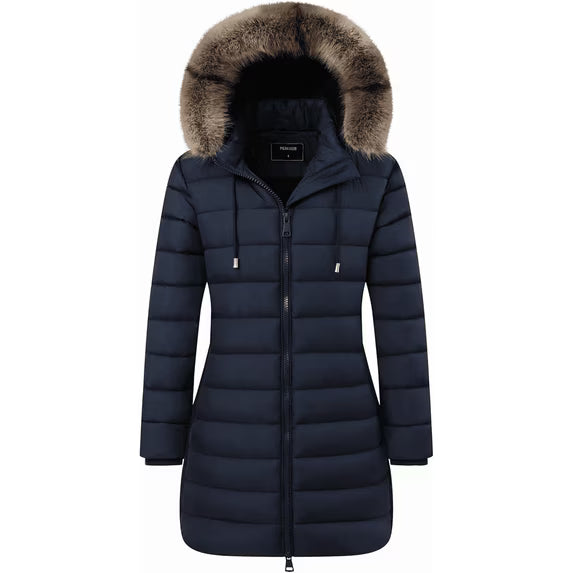 Women's Winter Coats Long Warm Thicken Puffer Jackets Outwear With Removable Faux Fur Hood, Black XL