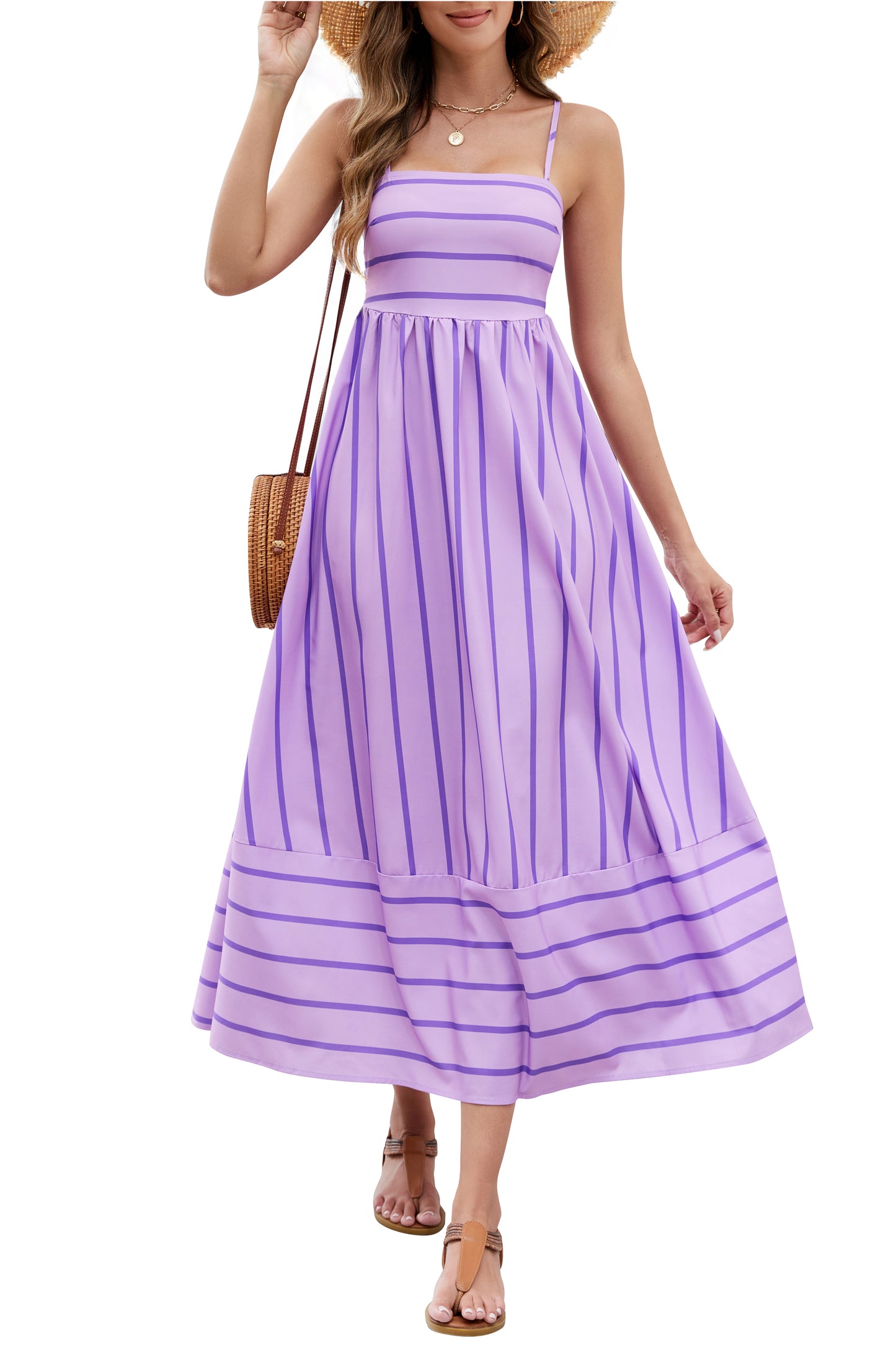 HVEOO Women's Summer Striped Spaghetti Strap Maxi Dress Boho Smocked Beach Sundress