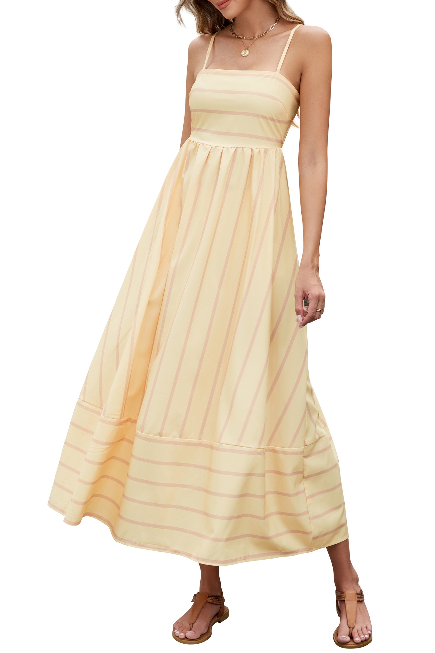 HVEOO Women's Summer Striped Spaghetti Strap Maxi Dress Boho Smocked Beach Sundress