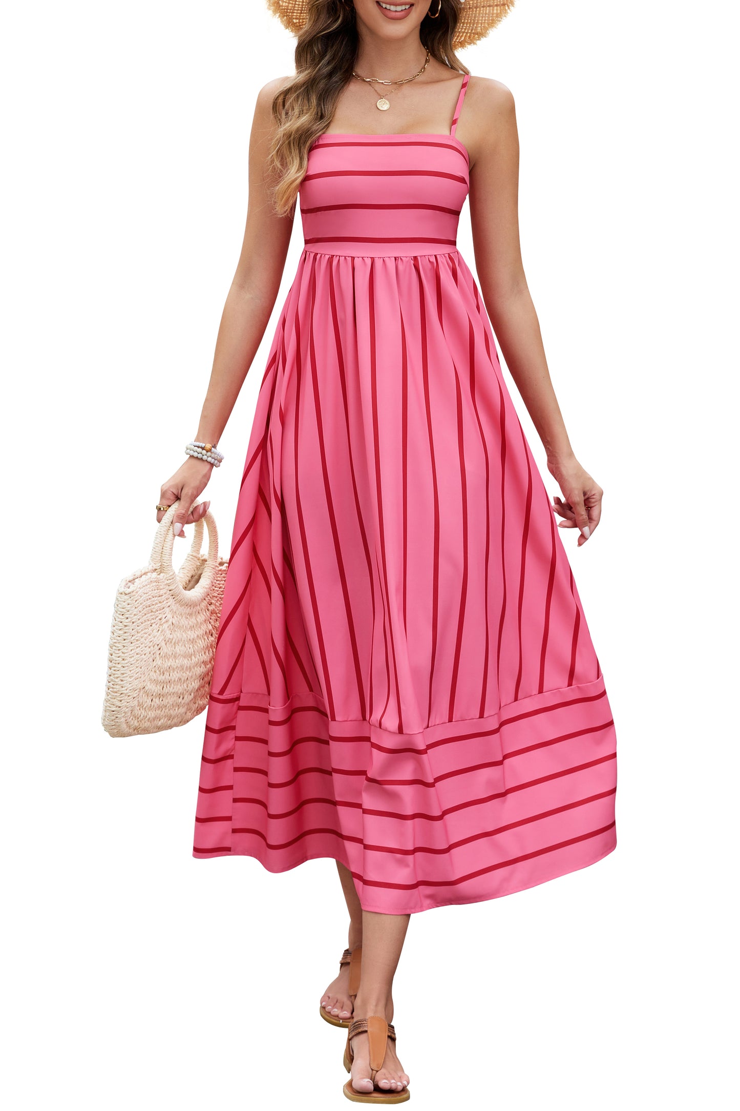 HVEOO Women's Summer Striped Spaghetti Strap Maxi Dress Boho Smocked Beach Sundress
