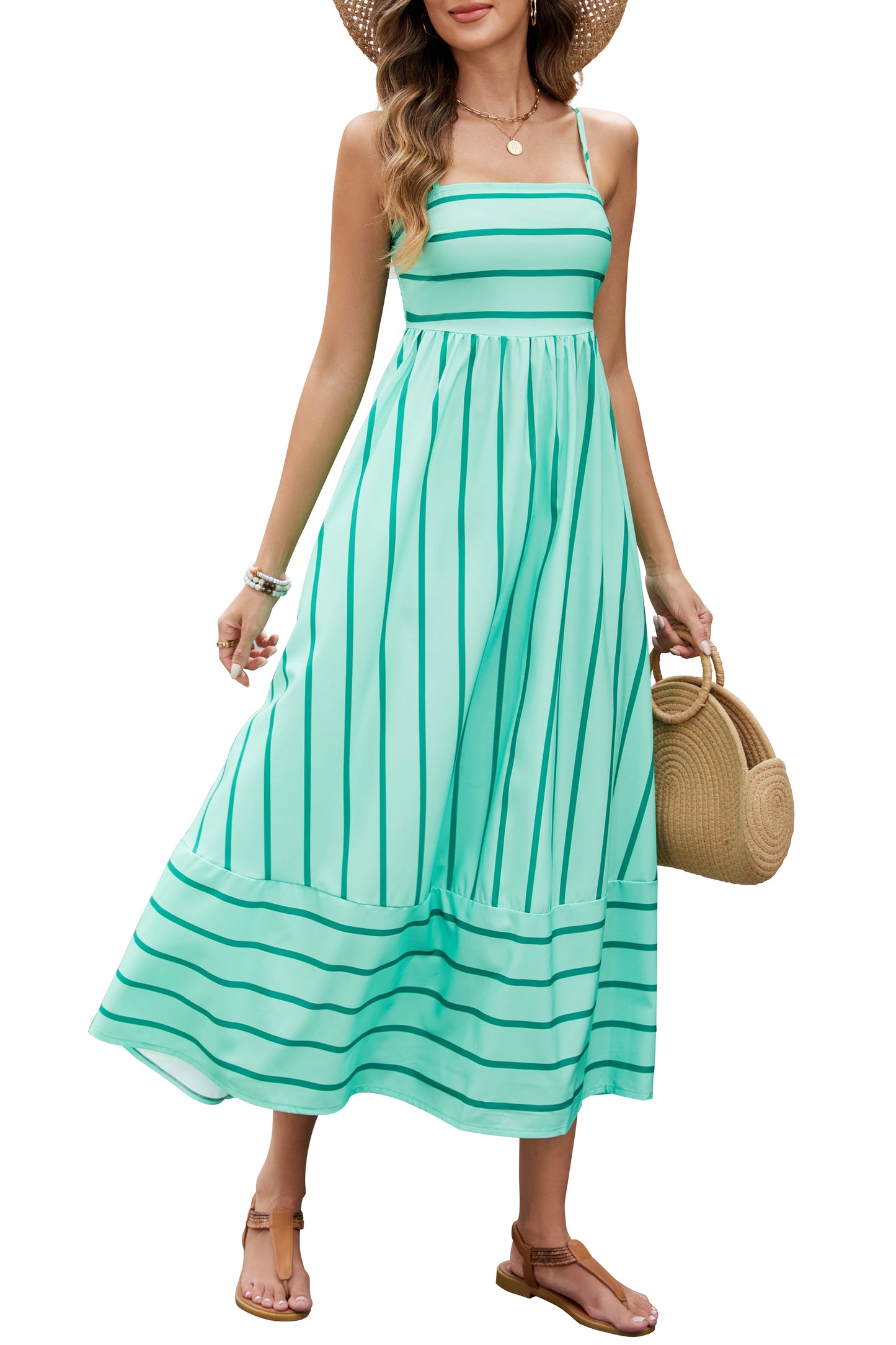 HVEOO Women's Summer Striped Spaghetti Strap Maxi Dress Boho Smocked Beach Sundress