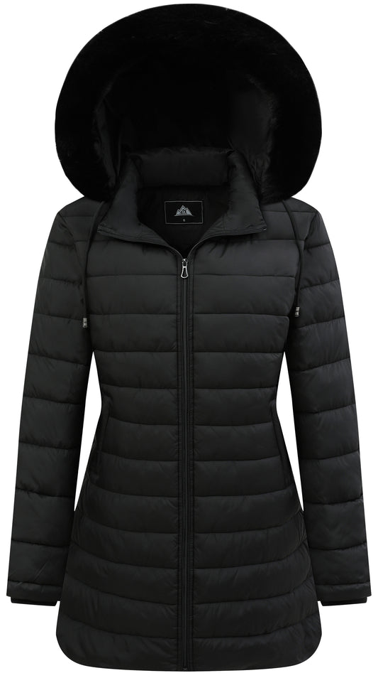 Hveoo Women's Winter Puffer Coat Thicken Fleece Lined Down Jacket Waterproof Faux Fur Detachable Hooded Parka