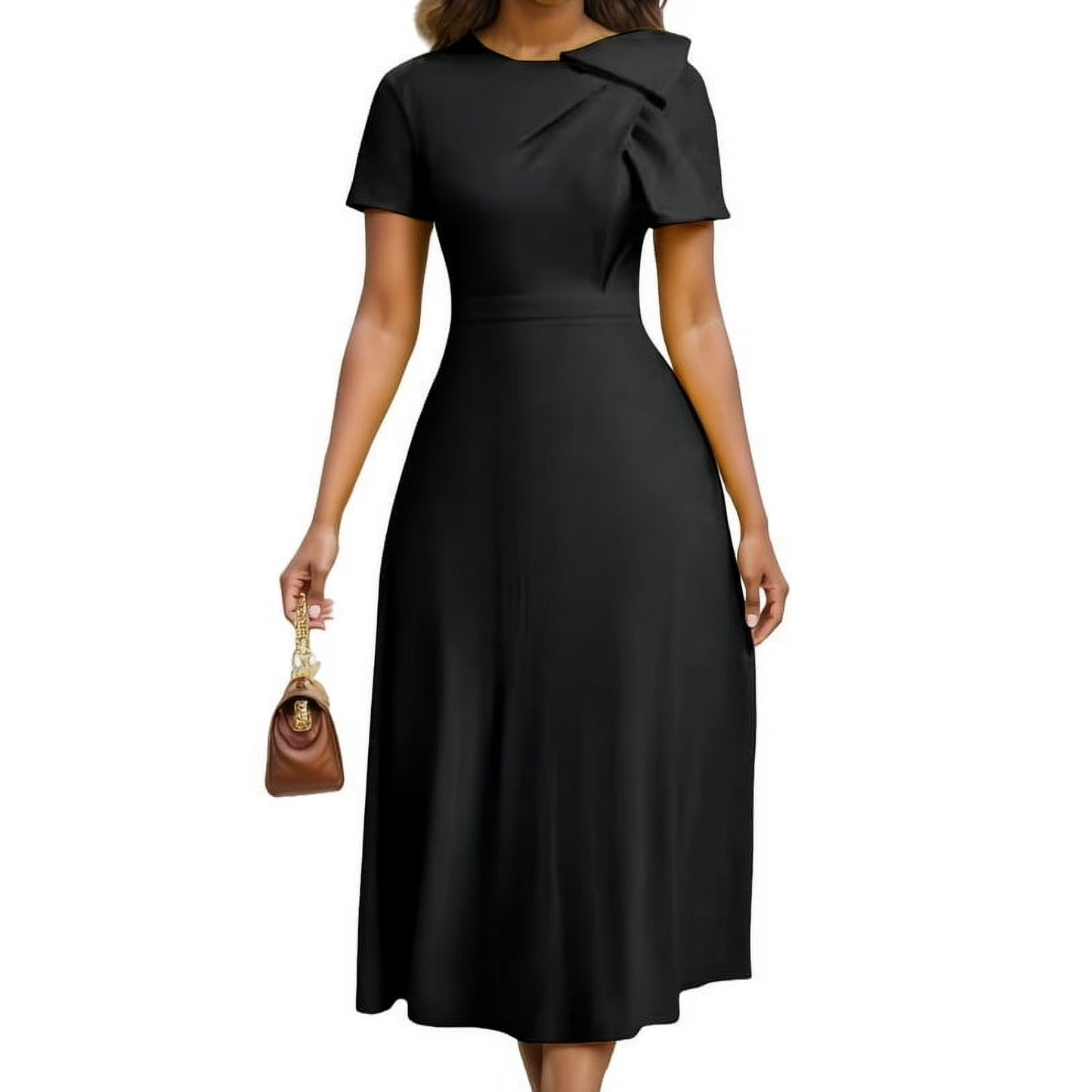 HVEOO Women's Casual A Line Swing Summer Dress Short Sleeve Round Neck Wrap Evening Party Dresses