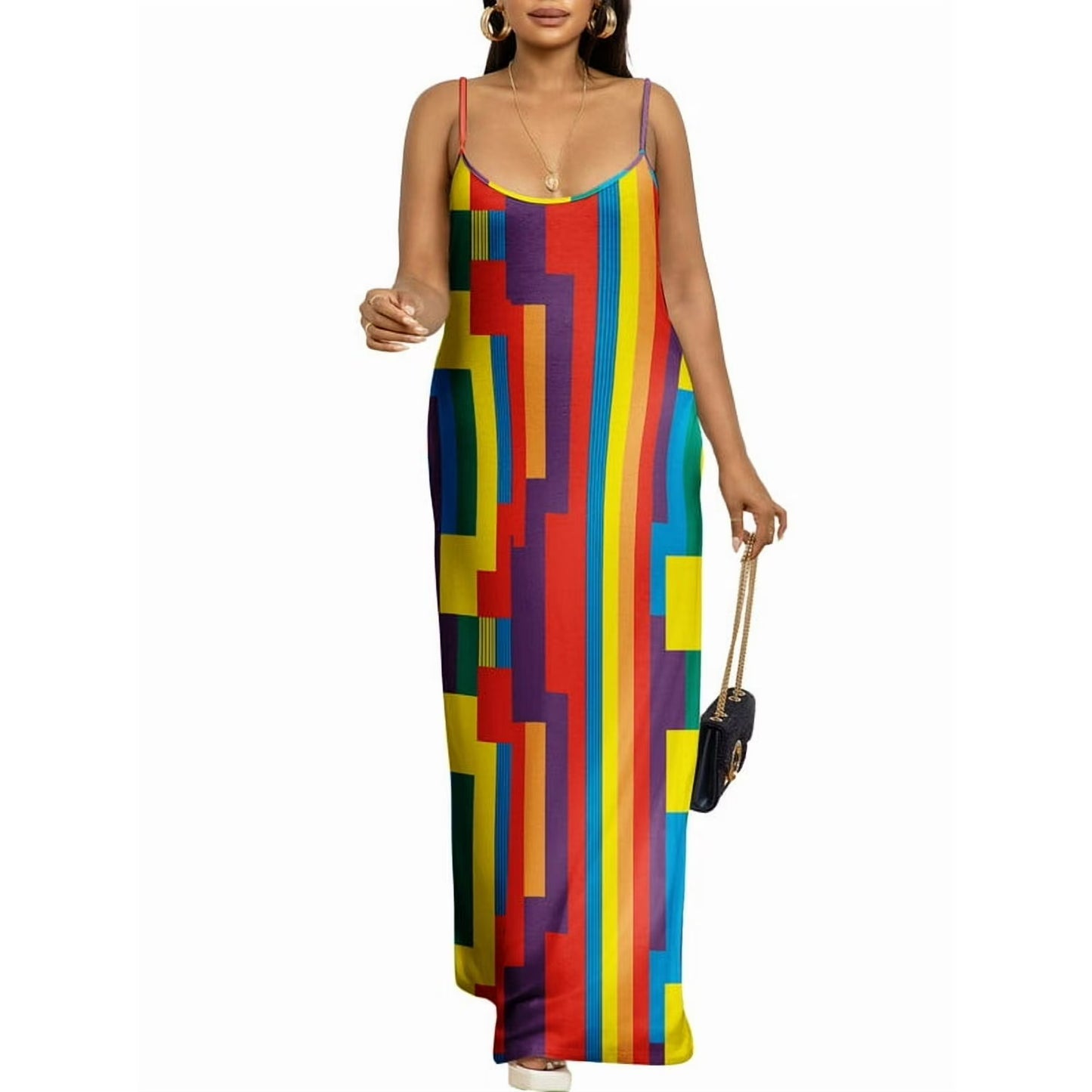 HVEOO Womens 2025 Casual Sundress Loose Striped Spaghetti Strap Long Summer Beach Maxi Dress with Pockets
