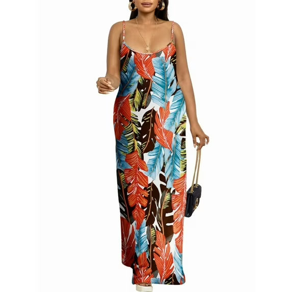 HVEOO Womens 2025 Casual Sundress Loose Striped Spaghetti Strap Long Summer Beach Maxi Dress with Pockets