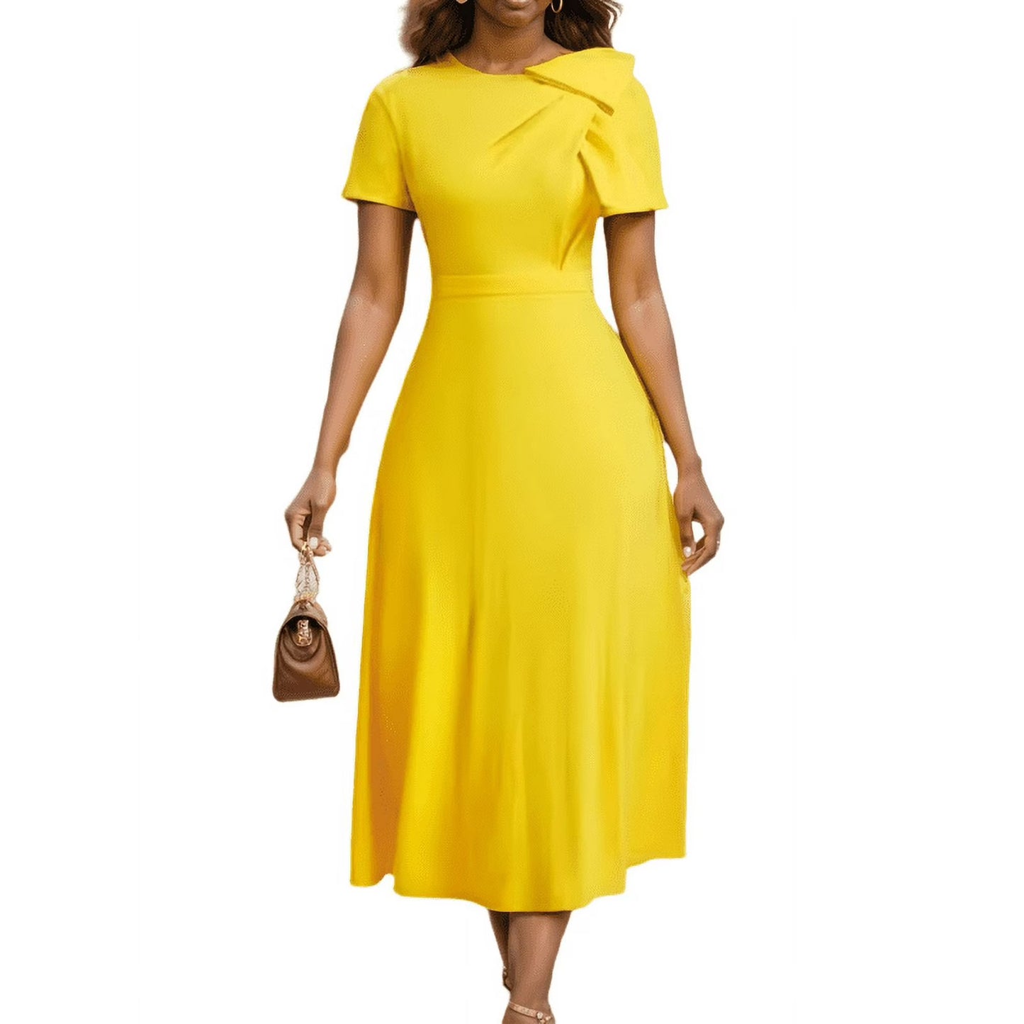 HVEOO Women's Casual A Line Swing Summer Dress Short Sleeve Round Neck Wrap Evening Party Dresses