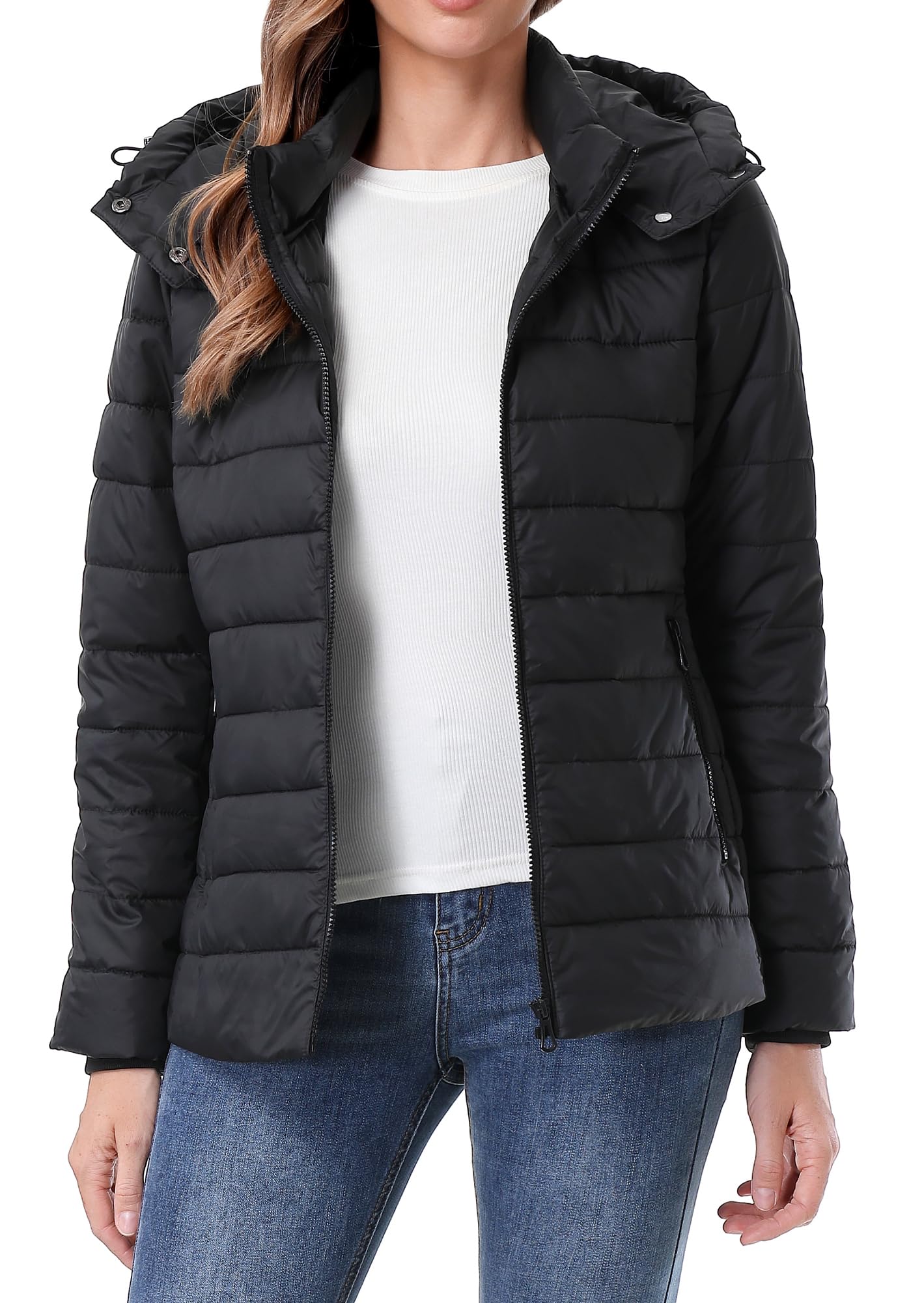 HVEOO Women's Hooded Puffer Jacket Lightweight Warm Puffy Quilted Winter Coat Waterpoof Jackets for Cold Weather