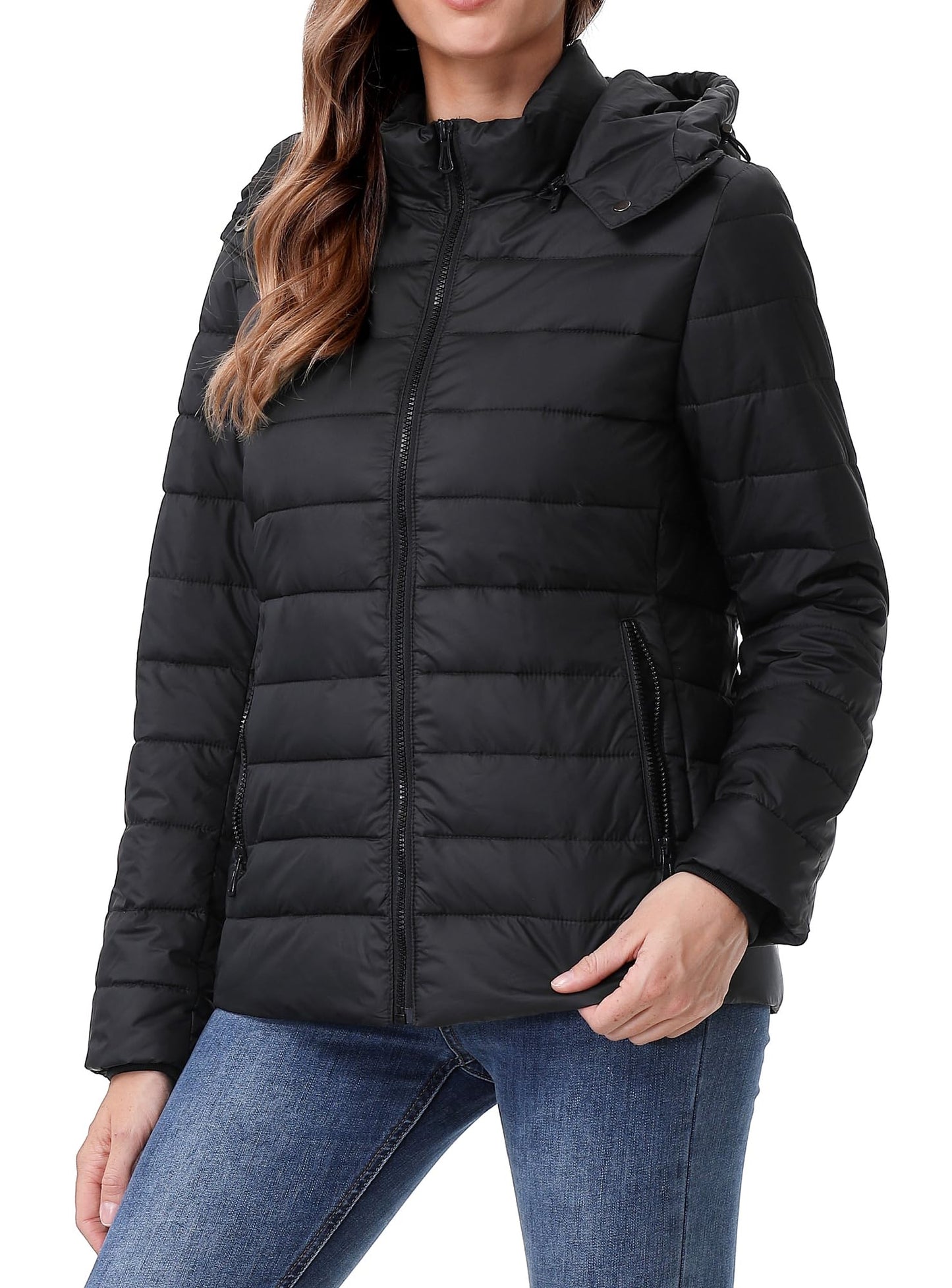 HVEOO Women's Hooded Puffer Jacket Lightweight Warm Puffy Quilted Winter Coat Waterpoof Jackets for Cold Weather