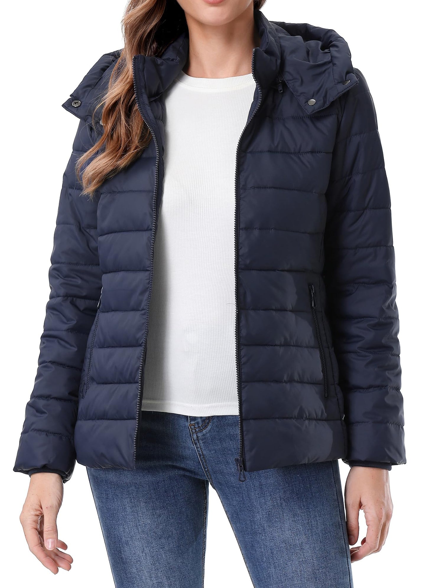 HVEOO Women's Hooded Puffer Jacket Lightweight Warm Puffy Quilted Winter Coat Waterpoof Jackets for Cold Weather