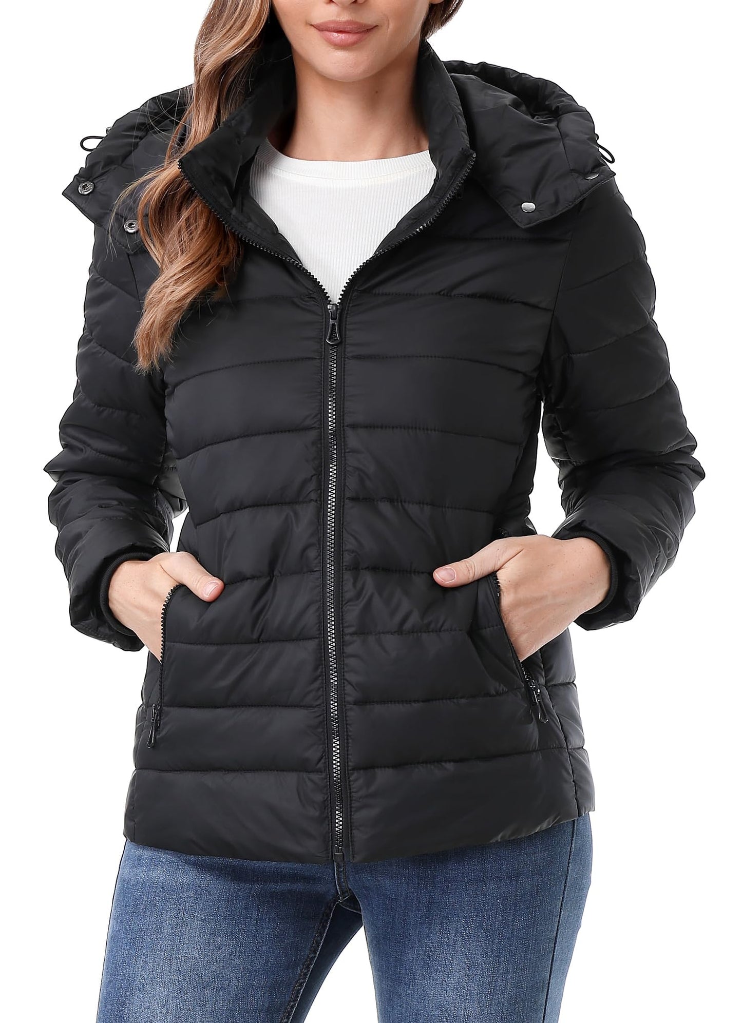 HVEOO Women's Hooded Puffer Jacket Lightweight Warm Puffy Quilted Winter Coat Waterpoof Jackets for Cold Weather