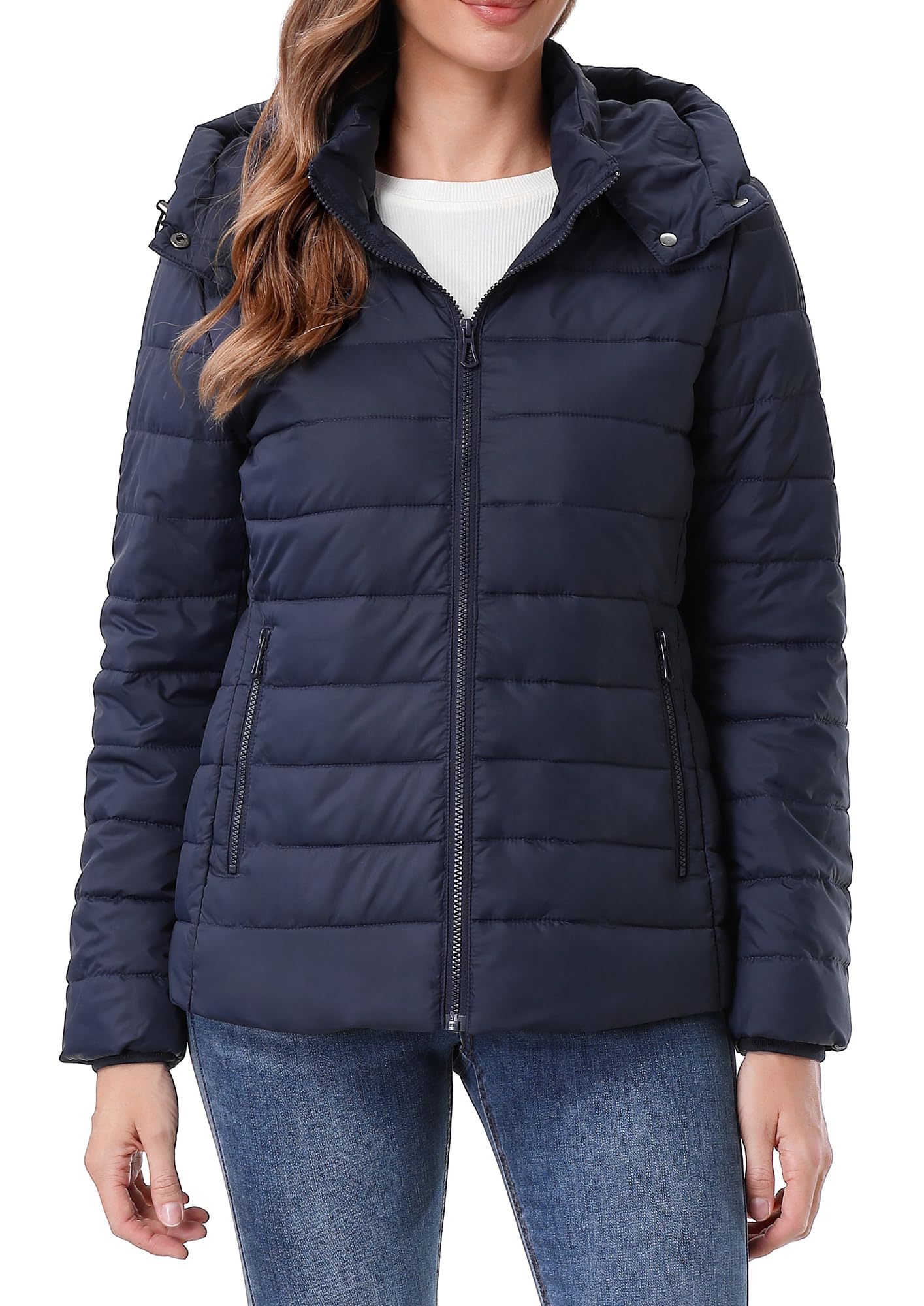 HVEOO Women's Hooded Puffer Jacket Lightweight Warm Puffy Quilted Winter Coat Waterpoof Jackets for Cold Weather